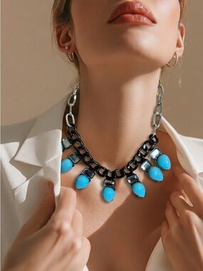 Turquoise Teardrop Pendant Chain Necklace - Brand Not Visible